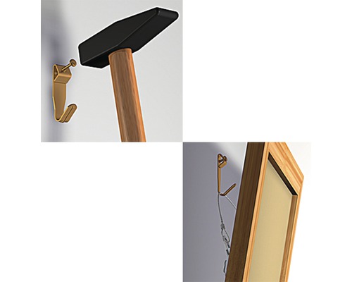 Illustration eines Bildaufhängesets mit Hammer, Nagel und Haken zur Wandbefestigung eines Bilderrahmens.