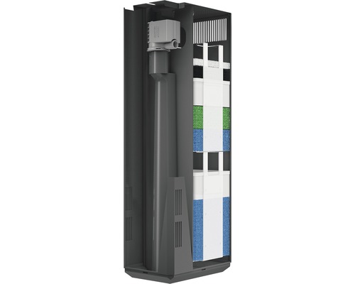 Innenansicht eines Aquarienfilters mit Pumpe und Filtermedien
