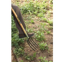 Eine Person benutzt eine Grabegabel im Garten, um Unkraut zu entfernen.