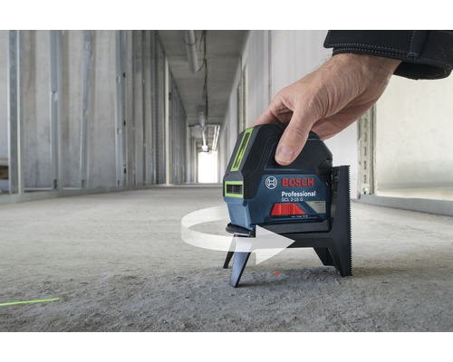 Bosch Logo. Rotierender Linienlaser auf Baustelle mit grünen Laserlinien.