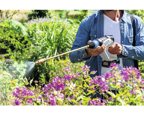 Mann benutzt Akku-Sprühgerät im Garten zur Pflanzenpflege