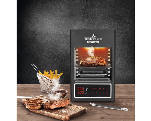 Beef Grill E-Power mit Speisen wie Steak und Pommes Frites