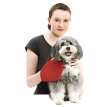Frau hält Hund mit Tierpflegehandschuh