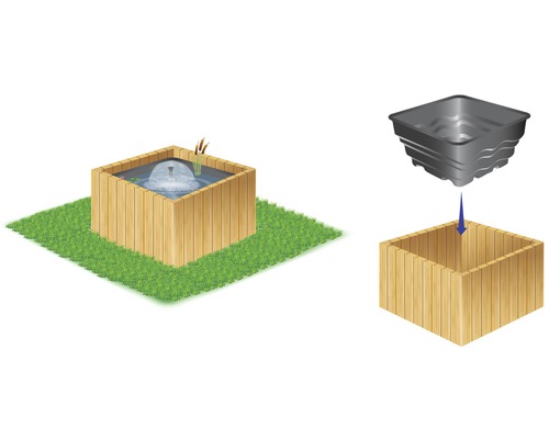 Quadratischer Teich aus Holz mit Wasserspiel und Wasserpflanzen