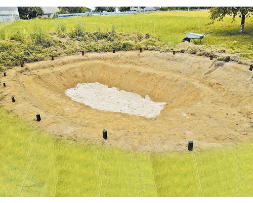 Aushub für einen Gartenteich mit Sandbettung und Markierungspfosten