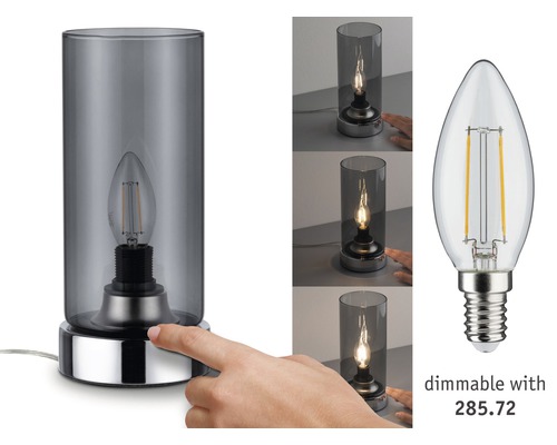 Dekorative Tischlampe mit rauchfarbenem Glaszylinder und dimmbarer LED Lampe