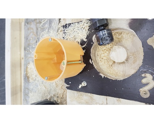 Installationsdose neben einer mit einer Oberfräse bearbeiteten Holzplatte