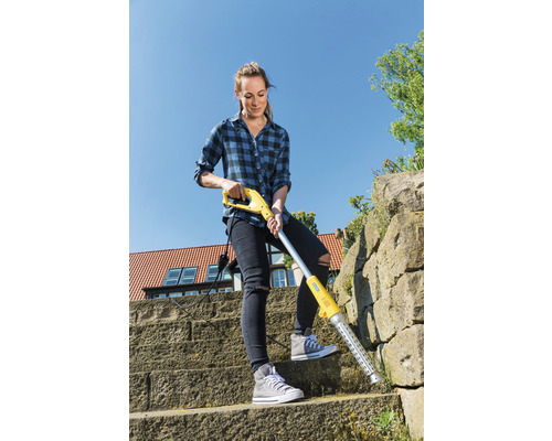 Eine Frau entfernt Unkraut mit einem elektrischen Unkrautentferner auf einer Steintreppe.