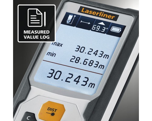 Laserliner Logo. Detailansicht eines Laser-Entfernungsmessers mit Anzeige der Messwertprotokollfunktion.