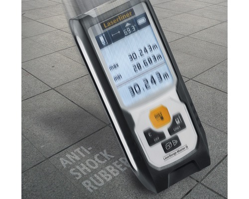 Laser-Entfernungsmesser mit digitaler Anzeige auf grauem Untergrund