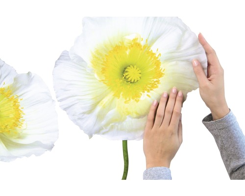 Nahaufnahme von Mohnblüten-Wandstickern mit Händen