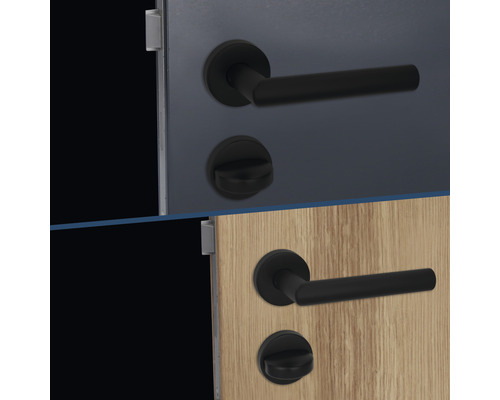 Türbeschlag mit schwarzem Türdrücker und Schlossrosette