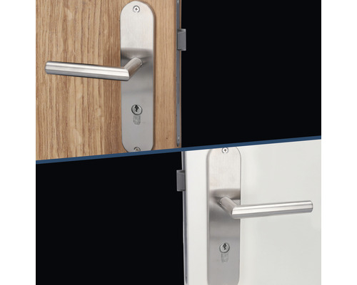 Türbeschlag aus Edelstahl mit Langschild auf Holz- und Weißlacktür