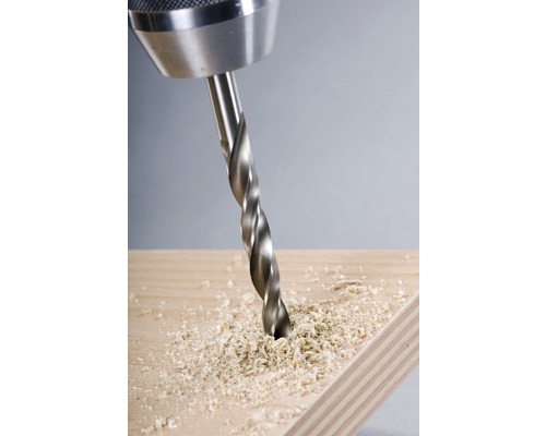 Holzbohrer bohrt in ein Holzbrett