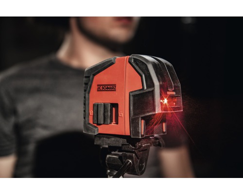 JC Schwarz Logo mit einem Laser Nivelliergerät auf einem Stativ