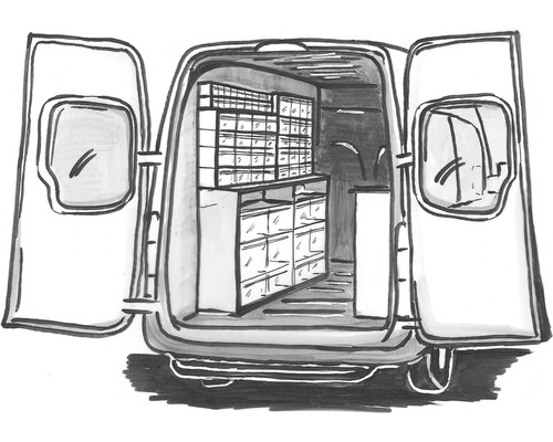 Illustration eines Lieferwagens mit Regalen und Aufbewahrungsboxen im Inneren