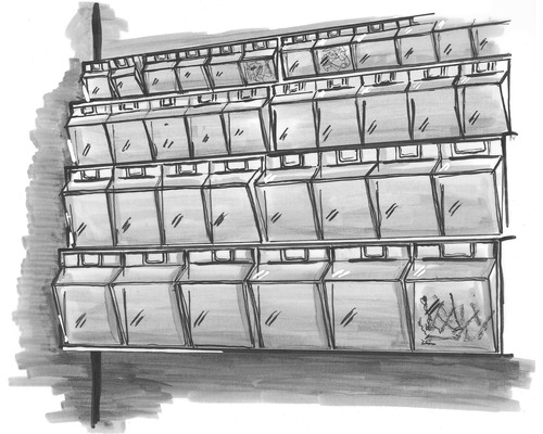 Illustration einer Regalwand mit transparenten Aufbewahrungsboxen
