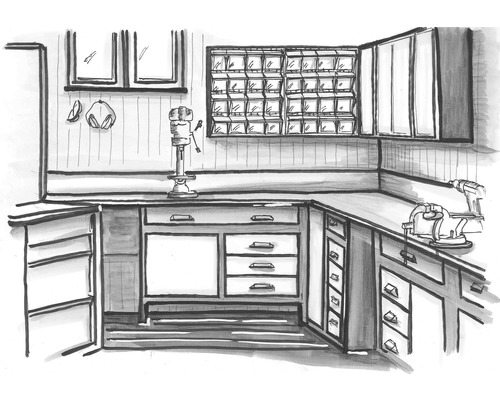 Illustration einer Werkstatt mit Werkbank, Bohrmaschine und Werkzeug