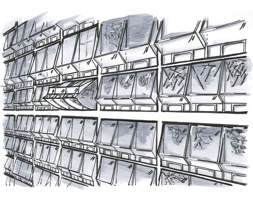 Illustration einer Warenpräsentation mit Produkten in Regalen