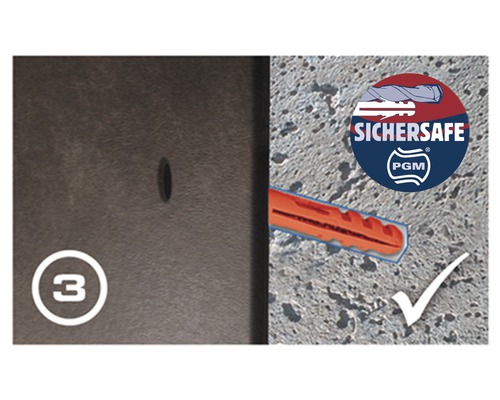 Illustration der Montage eines Dübels in drei Schritten mit Sichersafe PGM Siegel
