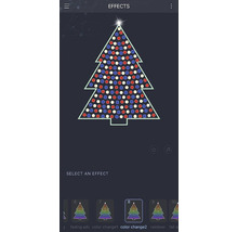 Bildschirmansicht einer App zur Steuerung einer Lichterkette in Form eines Weihnachtsbaums mit verschiedenen Farbeinstellungen