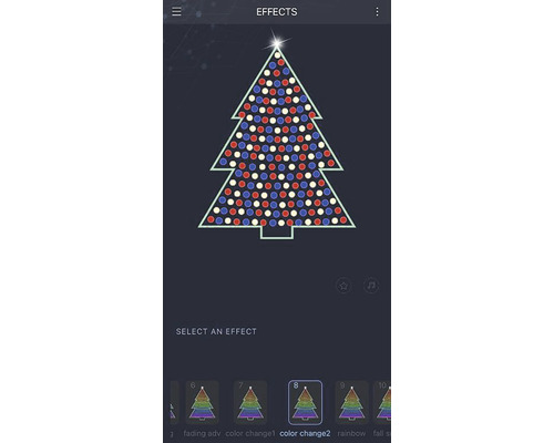 Bildschirmansicht einer App zur Steuerung einer Lichterkette in Form eines Weihnachtsbaums mit verschiedenen Farbeinstellungen