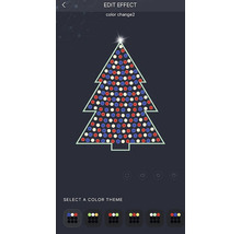 App-Ansicht zur Bearbeitung eines Lichteffekts mit einem stilisierten Weihnachtsbaum aus roten, weißen und blauen Lichtern