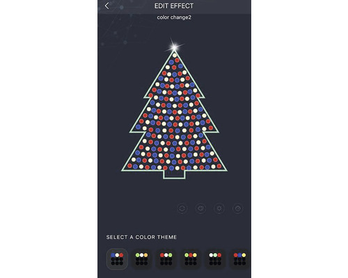 App-Ansicht zur Bearbeitung eines Lichteffekts mit einem stilisierten Weihnachtsbaum aus roten, weißen und blauen Lichtern