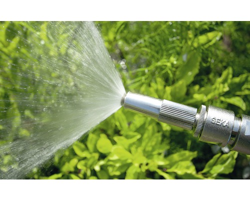 Gartenschlauch mit Sprühkopf beim Bewässern von Pflanzen