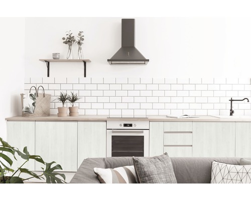 Helles Wohnzimmer mit Küchenzeile, Dunstabzugshaube und Holzregal