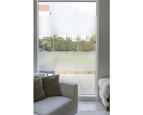 Wohnraum mit Plissee-Fensterbehang für Sichtschutz und Lichtregulierung.