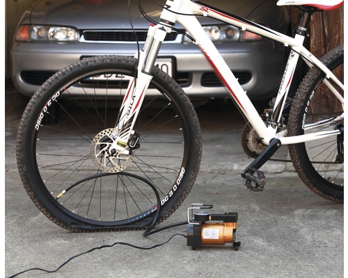 Fahrrad mit platten Reifen und Luftpumpe