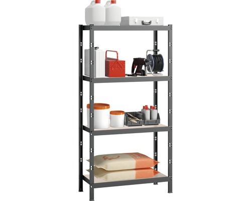 Regal mit vier Ebenen und verschiedenen Gegenständen