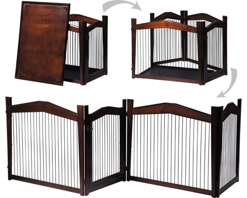 Vielseitiges Hundehaus mit braunem Holzrahmen und schwarzen Metallstäben, das als Haus, Barriere oder Laufstall konfiguriert werden kann