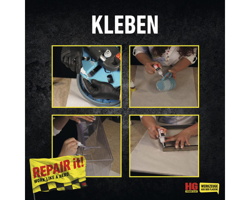 Anwendungsbeispiele für Klebstoff mit der Aufschrift Kleben, Repair it! Work like a hero und HG Werkzeuge aus der Flasche