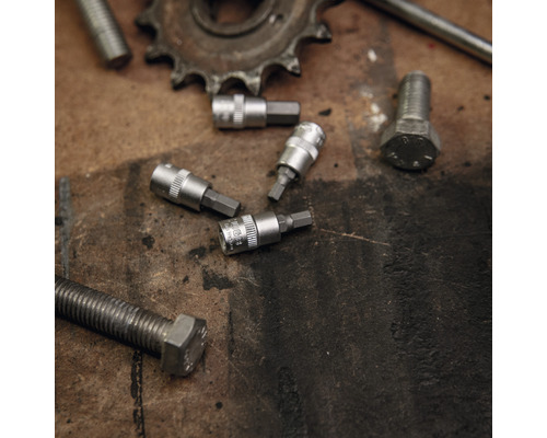 Mehrere Schraubenschlüssel-Bits und Schrauben auf einer Werkbank.