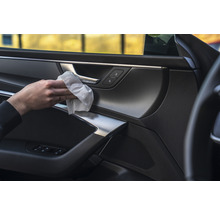 Reinigung der Autotür mit einem Feuchttuch