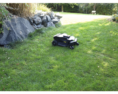 Rasenmähroboter auf einer Rasenfläche im Garten.