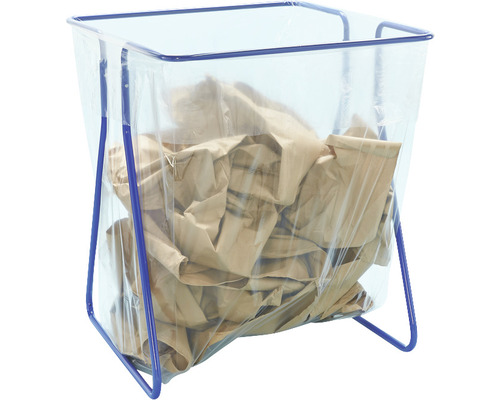 Papiersammler mit blauem Metallrahmen und transparentem Kunststoffsack gefüllt mit Papier