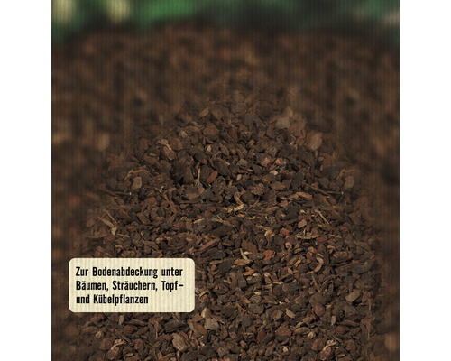 Nahaufnahme von Rindenmulch zur Bodenabdeckung unter Bäumen, Sträuchern sowie Topf- und Kübelpflanzen.