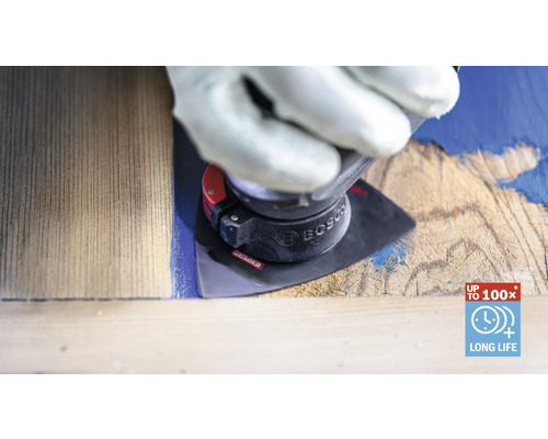 Ein Mann mit Handschuhen verwendet ein Schleifwerkzeug auf einem Holzstück, um Farbe zu entfernen. Bosch Logo.