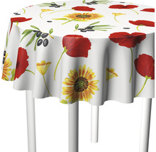Runde Tischdecke mit Mohnblumen-, Sonnenblumen- und Olivenmuster auf einem Tisch
