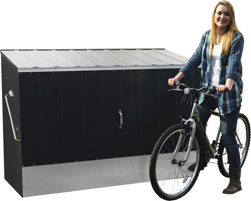 Fahrradbox mit Frau und Fahrrad