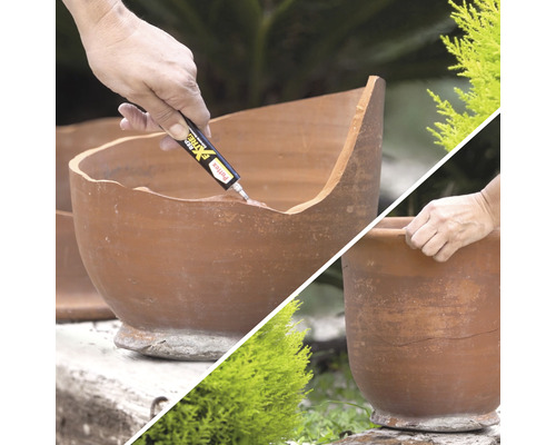 Reparatur eines zerbrochenen Blumentopfs mit Klebstoff