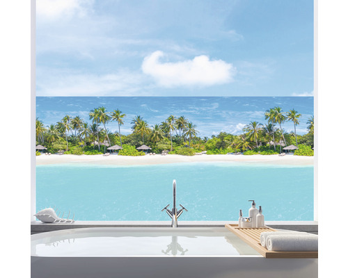 Fensterfolie Venilia Vitrostatic Travel Meer 67,5x150 cm Badezimmer mit Badewanne und Blick auf einen tropischen Strand