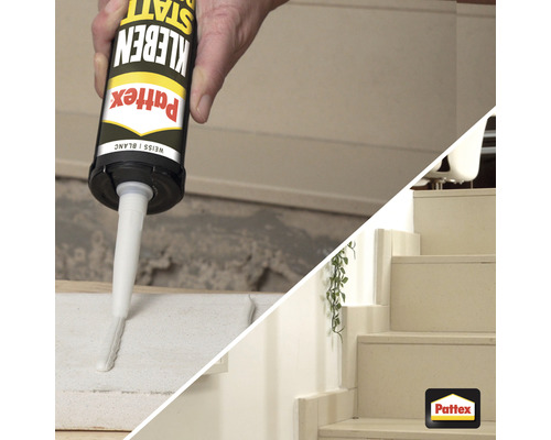 Anwendung von Pattex Montagekleber statt Bohren auf einer Baustelle und Treppe mit Pattex Logo
