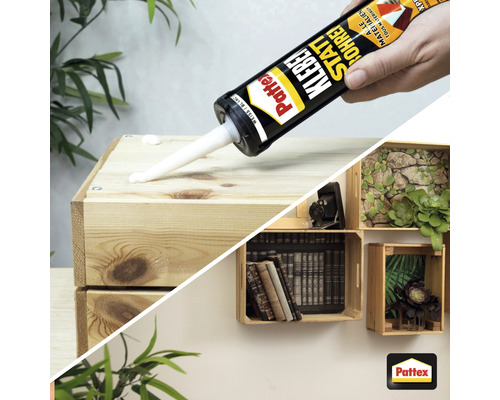 Außenaufnahme eines Holzprojekts mit Pattex Kleben statt Bohren Montagekleber