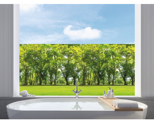 Fensterfolie Venilia Vitrostatic Forest Wald 67,5x150 cm Badezimmer mit Badewanne und Blick ins Grüne