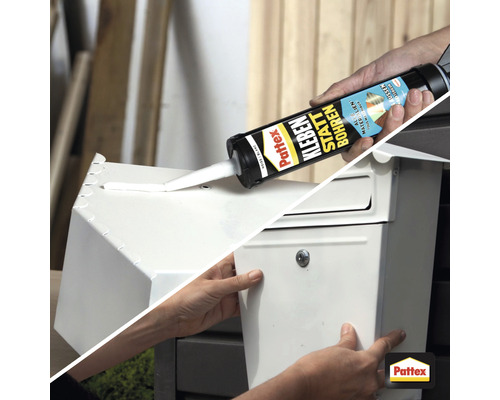 Außenaufnahme einer Person, die einen Briefkasten mit Montagekleber befestigt. Pattex Logo.