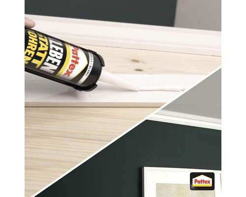 Anwendung von Pattex Montagekleber auf einer Holzleiste und Pattex Logo